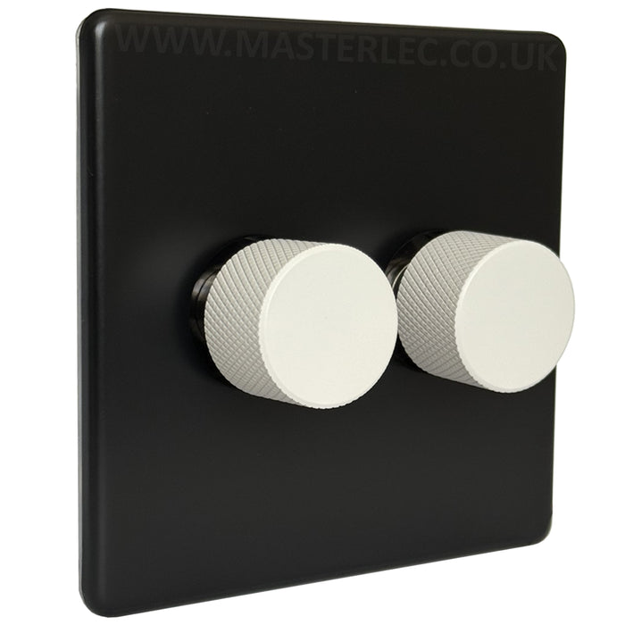 Matt Black Screwless Double 2 Gang Dimmer Switch with Matt White Knurled Dimmer Knob