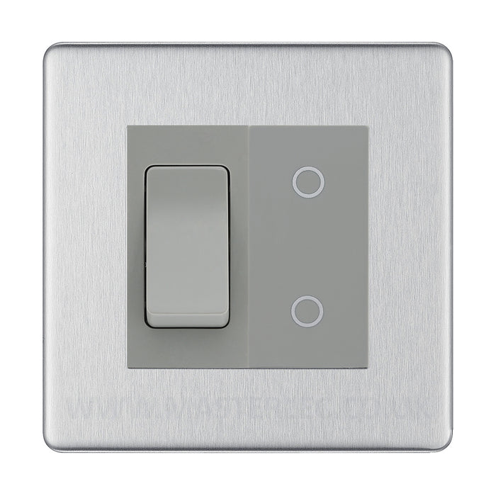 BG Brushed Steel Screwless 2 Gang Custom Switch 1x 2 Way Switch 1x Master Touch Dimmer Grey Inserts
