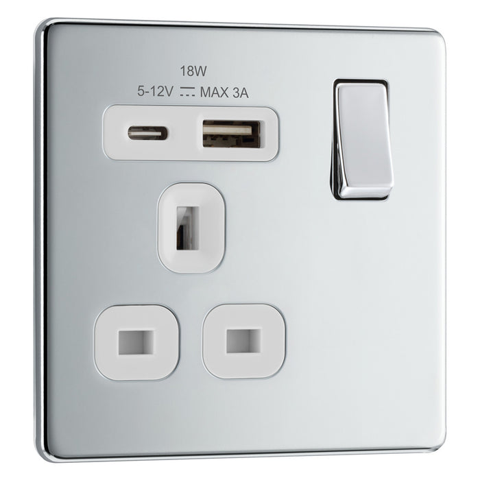 BG Screwless FPC21UAC18W Polished Chrome Type A & C USB Single Socket 18W White Inserts