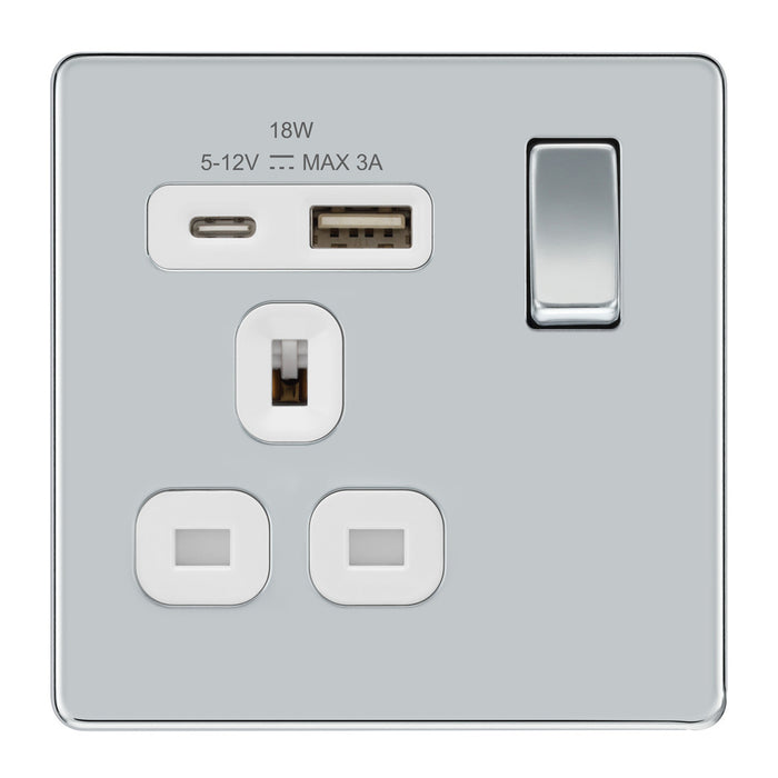 BG Screwless FPC21UAC18W Polished Chrome Type A & C USB Single Socket 18W White Inserts