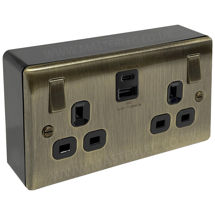 Antique Brass USB Double Socket 45W Type A&C & 32mm Black Surface Pattress Back Box