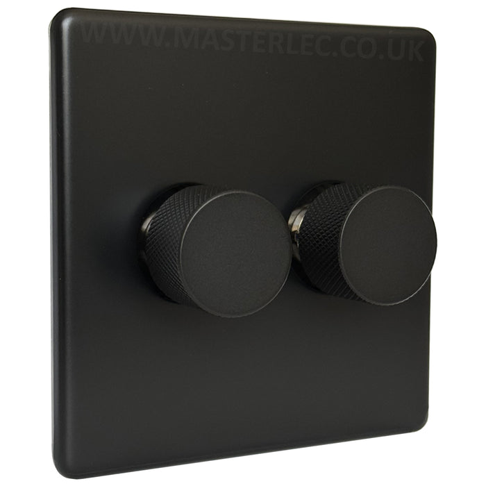 Matt Black Screwless Double 2 Gang Dimmer Switch with Matt Black Knurled Dimmer Knob