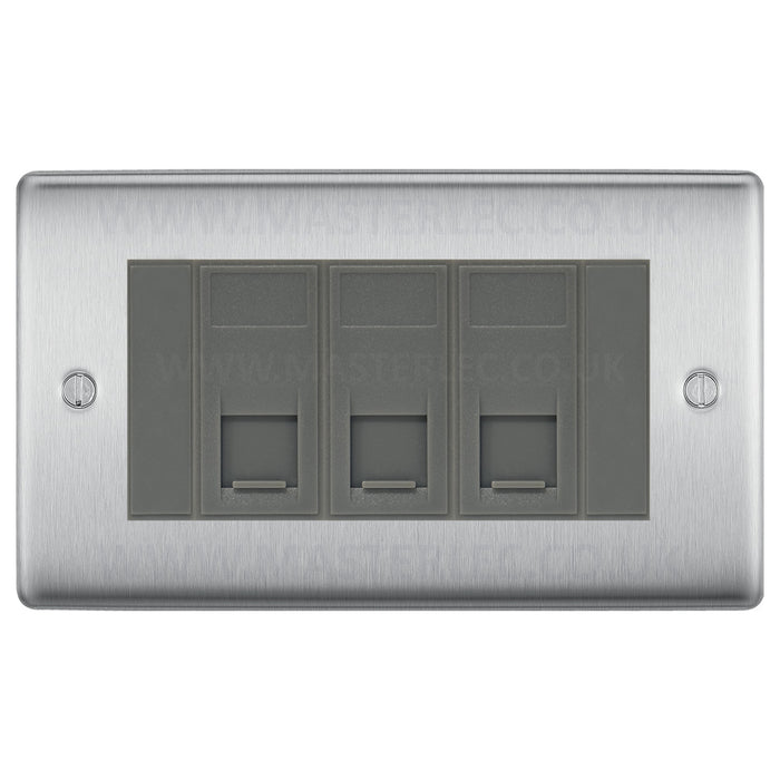 BG Brushed Steel NBSRJ4536AG 3 Gang RJ45 CAT6A Data Ethernet Outlet Socket Grey Insert