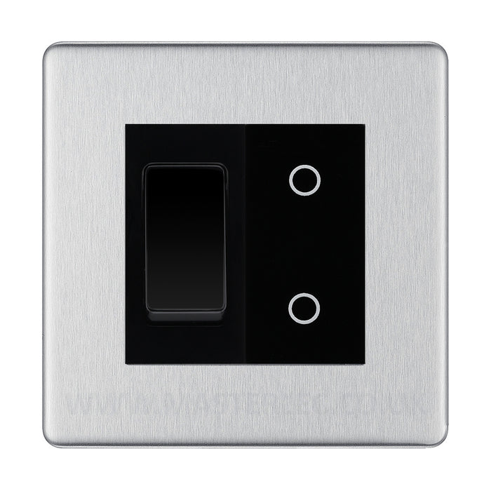 BG Brushed Steel Screwless 2 Gang Custom Switch 1x 2 Way Switch 1x Master Touch Dimmer Black Inserts