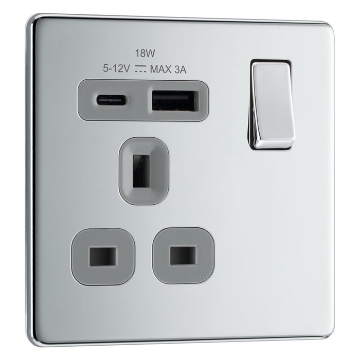 BG Screwless FPC21UAC18G Polished Chrome Type A & C USB Single Socket 18W Grey Inserts