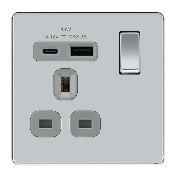 BG Screwless FPC21UAC18G Polished Chrome Type A & C USB Single Socket 18W Grey Inserts