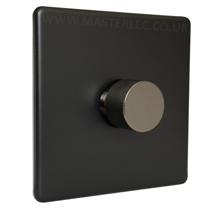 Matt Black Screwless Single 1 Gang Dimmer Switch with Black Nickel Knurled Dimmer Knob