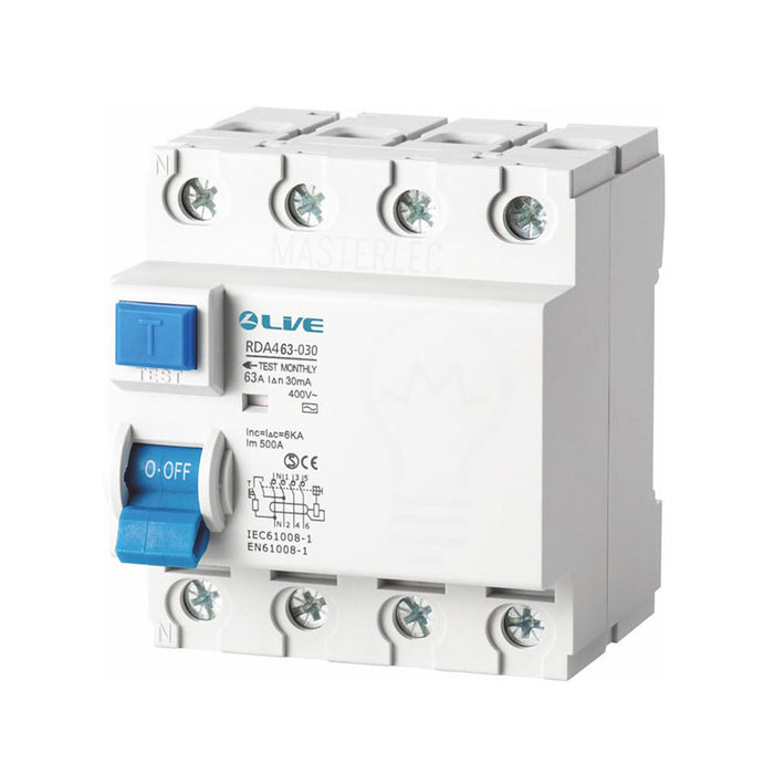 Live Electrical 4 Pole 63 Amp 30mA Type A High Immunity RCD RDA263-030
