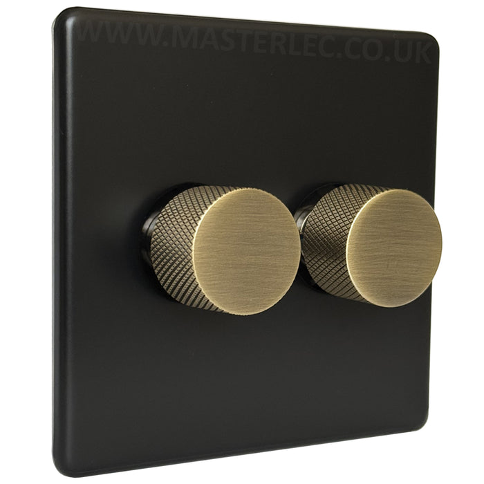 Matt Black Screwless Double 2 Gang Dimmer Switch with Antique Brass Knurled Dimmer Knob