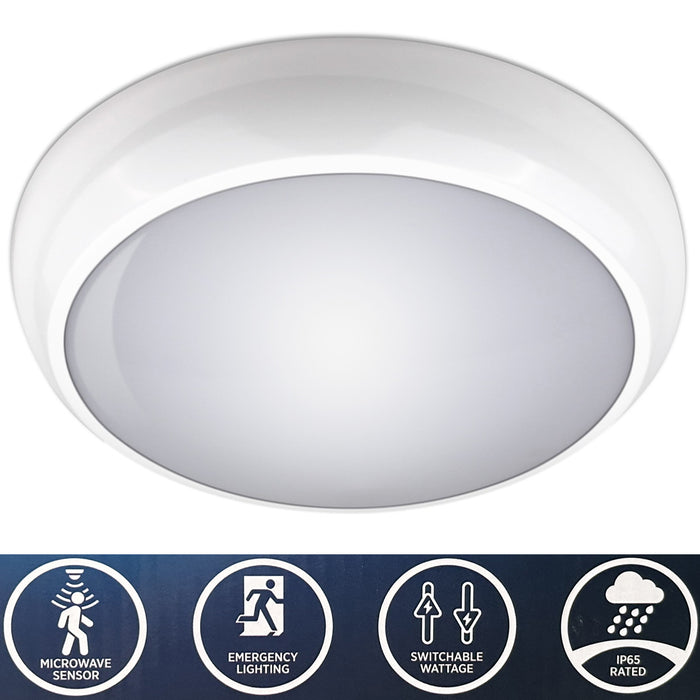 Bright Source 243588 9W/14W/18W Microwave Motion Sensor & Emergency LED Polo Bulkhead Fitting CCT IP65