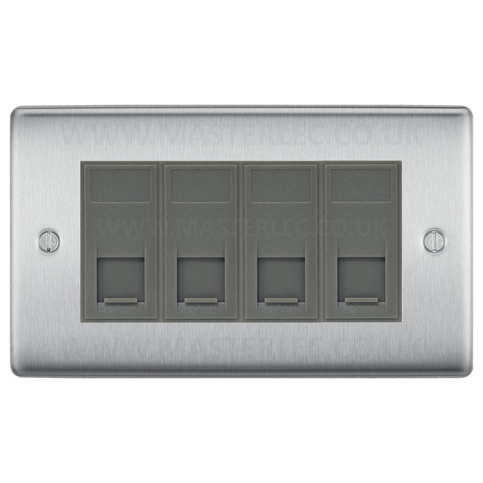 BG Brushed Steel NBSRJ4546AG 4 Gang RJ45 CAT6A Data Ethernet Outlet Socket Grey Insert