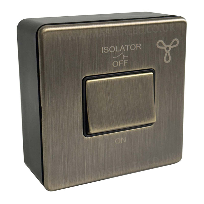 Antique Brass Screwless Fan Isolator Switch & 32mm Black Surface Pattress Back Box