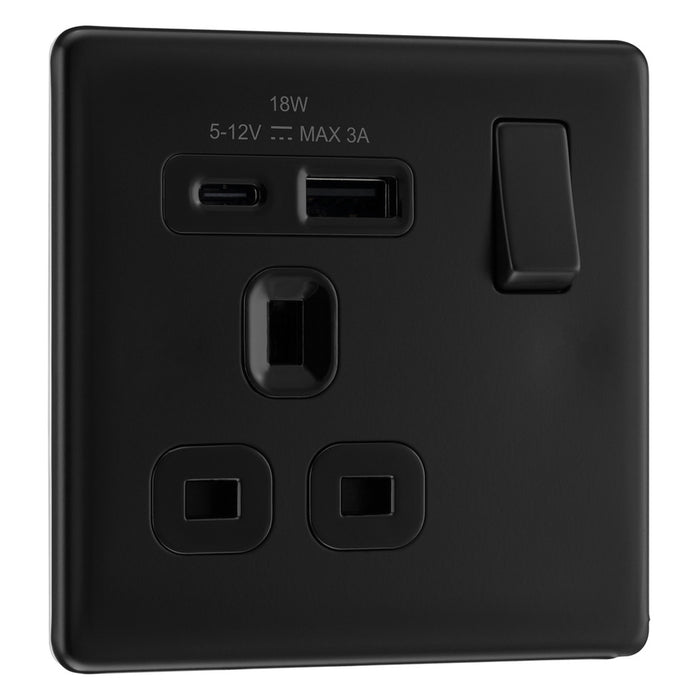 BG Screwless FFB21UAC18B Matt Black USB Single Socket 18W Type A & C USB Black Inserts