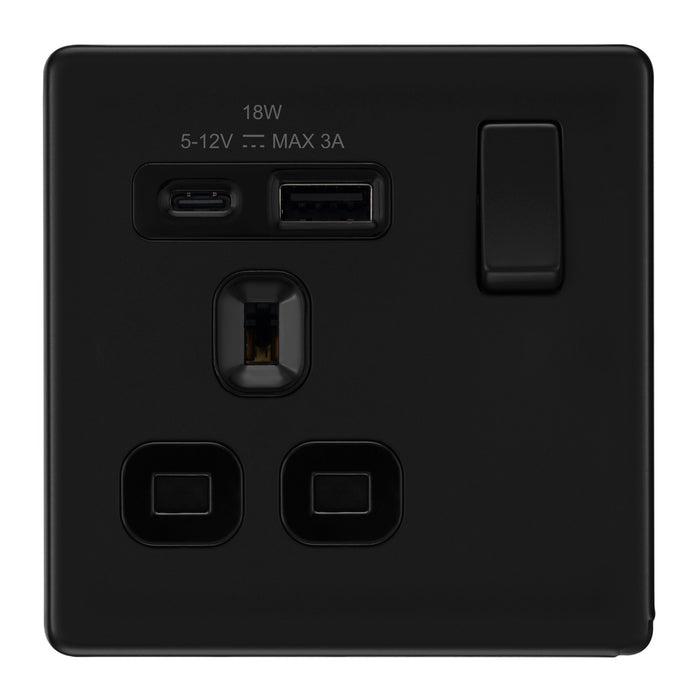 BG Screwless FFB21UAC18B Matt Black USB Single Socket 18W Type A & C USB Black Inserts