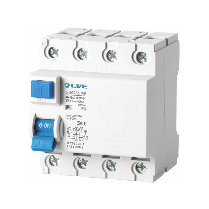 Live Electrical 4 Pole 63 Amp 100mA Type A High Immunity RCD RDA263-100