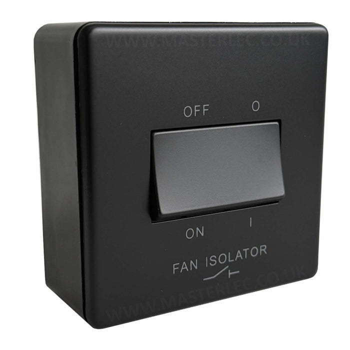 Matt Black Screwless Flatplate Fan Isolator Switch Triple Pole with 32mm Black Surface Pattress Back Box