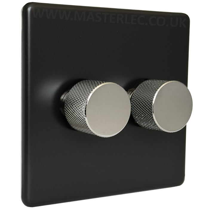 Matt Black Screwless Double 2 Gang Dimmer Switch with Polished Chrome Knurled Dimmer Knob
