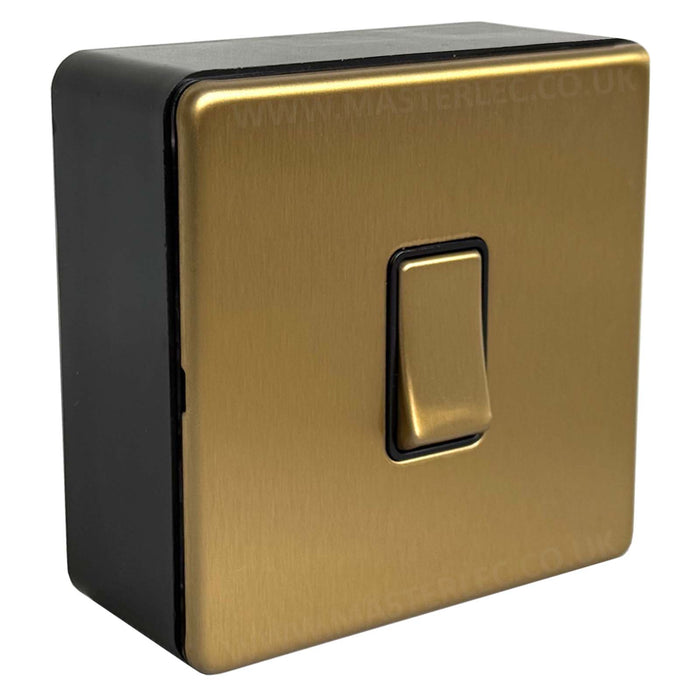 Antique Gold / Satin Brass Screwless 20 Amp Double Pole Switch & 32mm Black Surface Pattress Back Box