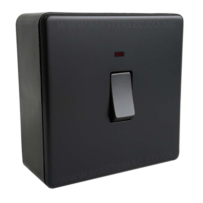 Matt Black Screwless Flatplate 20 Amp Double Pole Switch with LED Indicator with 32mm Black Surface Pattress Back Box