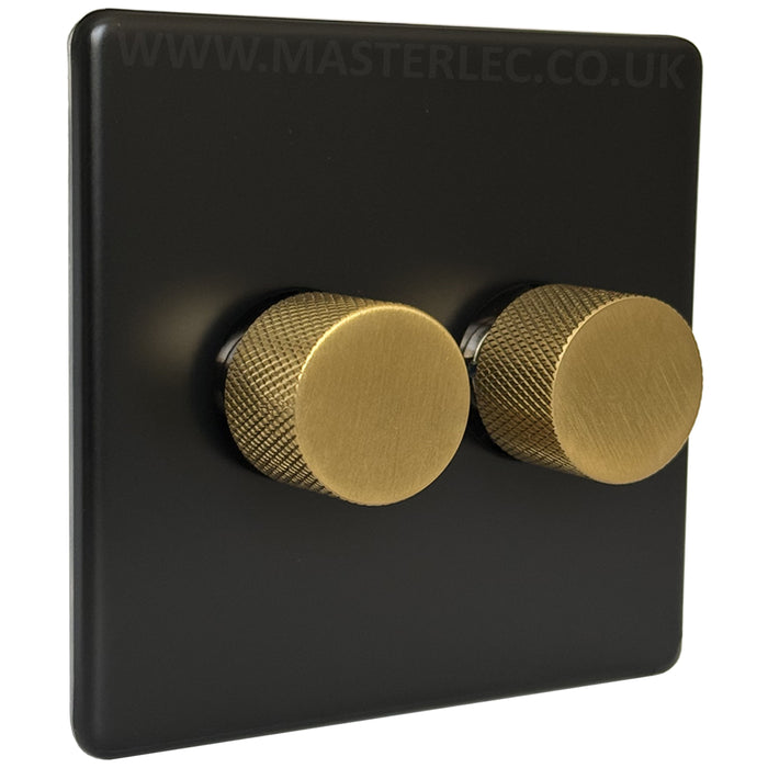 Matt Black Screwless Double 2 Gang Dimmer Switch with Satin Brass / Antique Gold Knurled Dimmer Knob