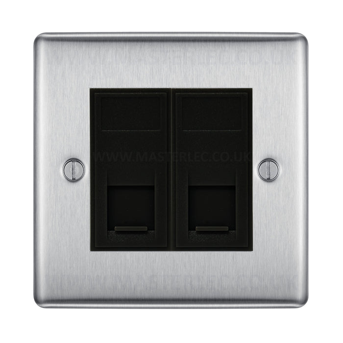 BG Brushed Steel NBSRJ4526AB 2 Gang RJ45 CAT6A Data Ethernet Outlet Socket Black Insert