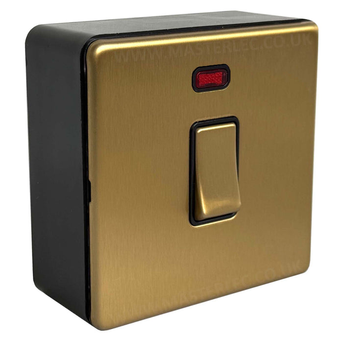 Antique Gold / Satin Brass Screwless 20 Amp Double Pole Switch with Neon & 32mm Black Surface Pattress Back Box