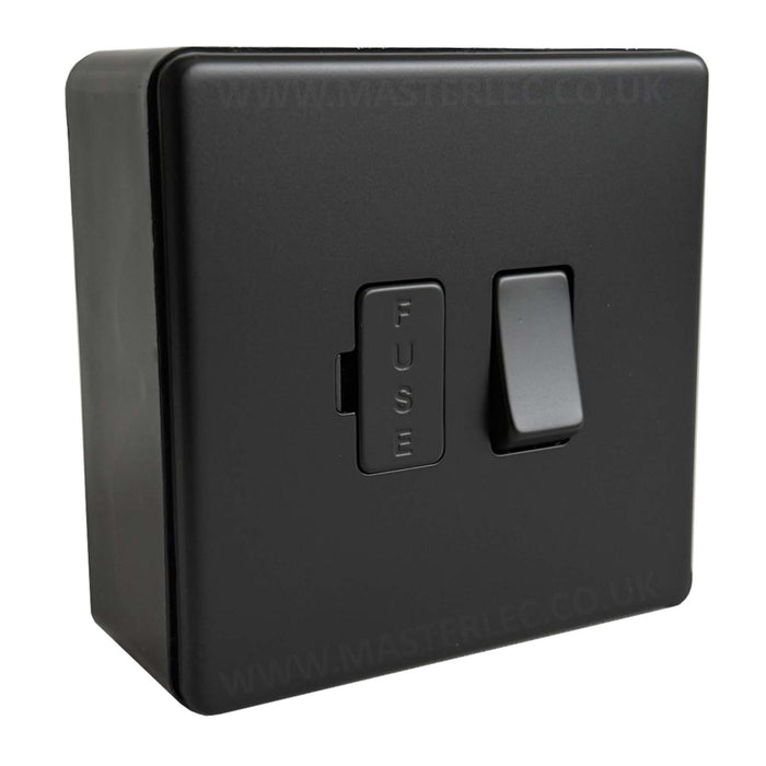 Matt Black Screwless Flatplate Switched Fused Spur Connection Unit with 32mm Black Surface Pattress Back Box