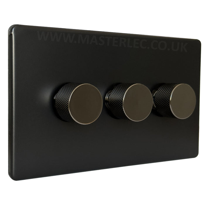Matt Black Screwless Triple 3 Gang Dimmer Switch with Black Nickel Knurled Dimmer Knob