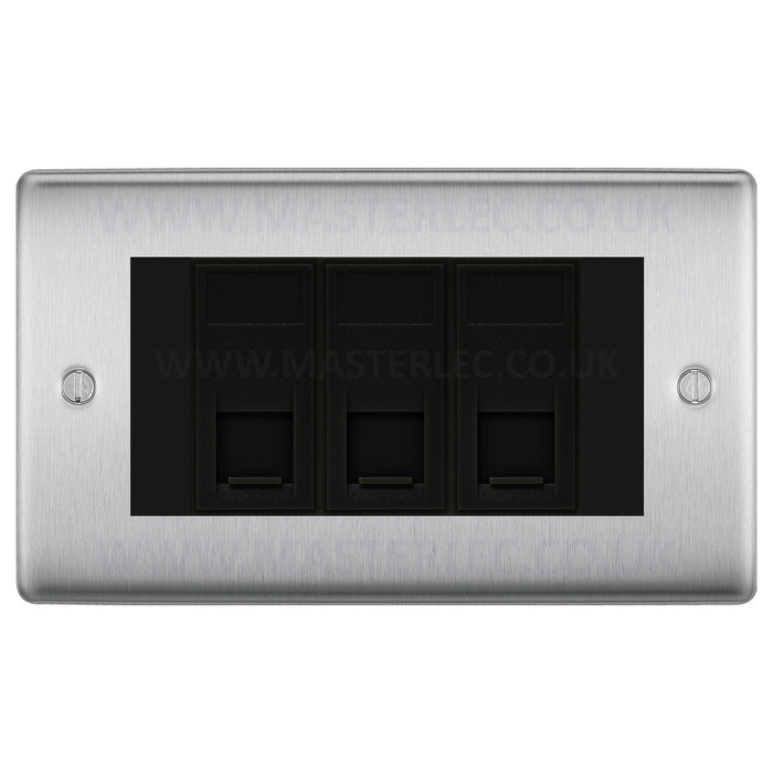 BG Brushed Steel NBSRJ4536AB 3 Gang RJ45 CAT6A Data Ethernet Outlet Socket Black Insert