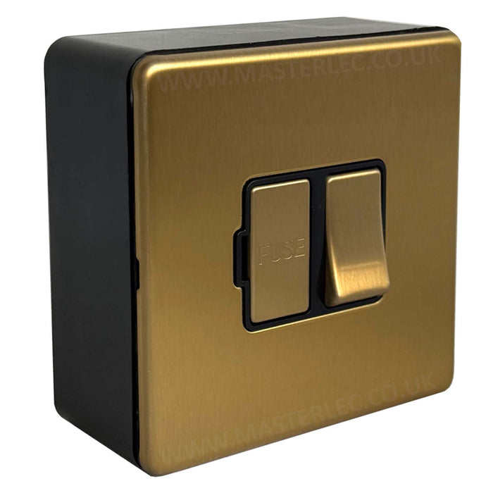 Antique Gold / Satin Brass Screwless Switched Fused Spur & 32mm Black Surface Pattress Back Box