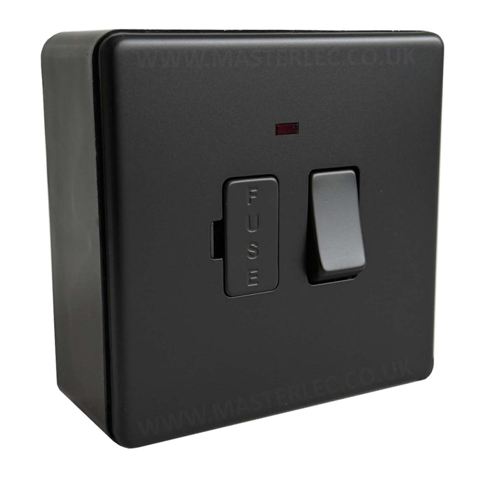 Matt Black Screwless Flatplate Switched Fused Spur Connection Unit with Neon with 32mm Black Surface Pattress Back Box