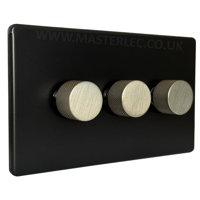 Matt Black Screwless Triple 3 Gang Dimmer Switch with Brushed Steel / Stainless Steel Knurled Dimmer Knob