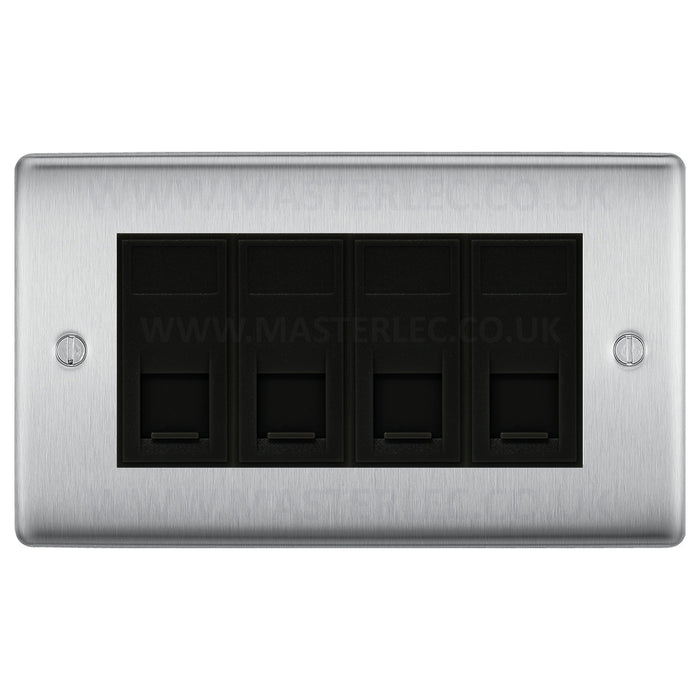 BG Brushed Steel NBSRJ4546AB  4 Gang RJ45 CAT6A Data Ethernet Outlet Socket Black Insert