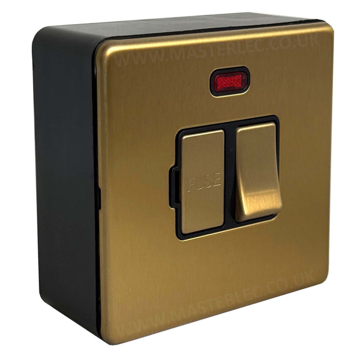 Antique Gold / Satin Brass Screwless Switched Fused Spur with Neon & 32mm Black Surface Pattress Back Box