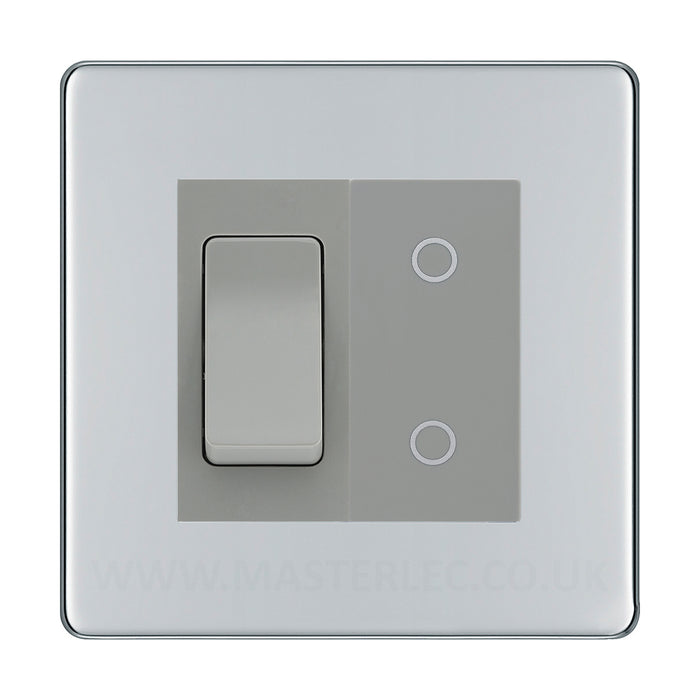 BG Polished Chrome Screwless 2 Gang Custom Switch 1x 2 Way Switch 1x Secondary Touch Dimmer Grey Inserts