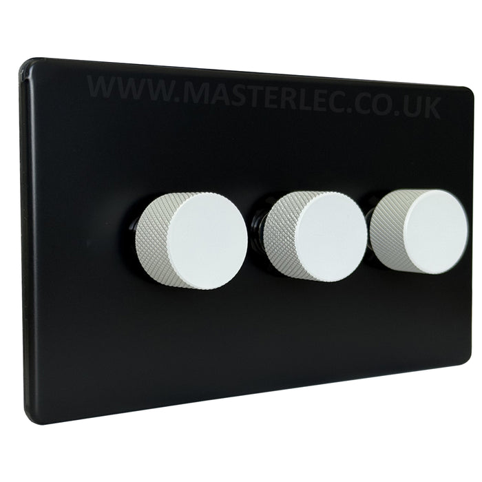 Matt Black Screwless Triple 3 Gang Dimmer Switch with Matt White Knurled Dimmer Knob