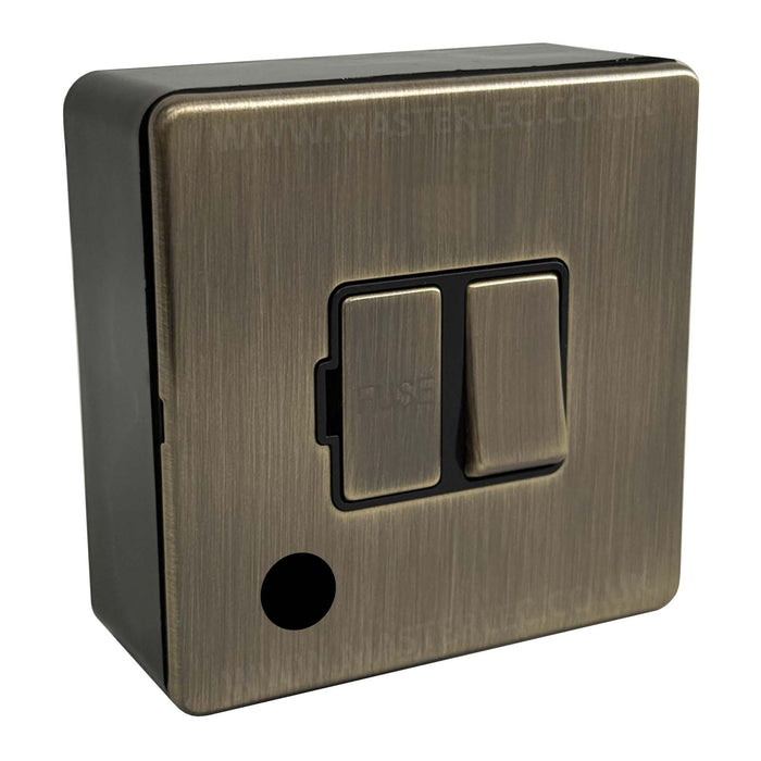 Antique Brass Screwless Switched Fused Spur with Cable Outlet & 32mm Black Surface Pattress Back Box