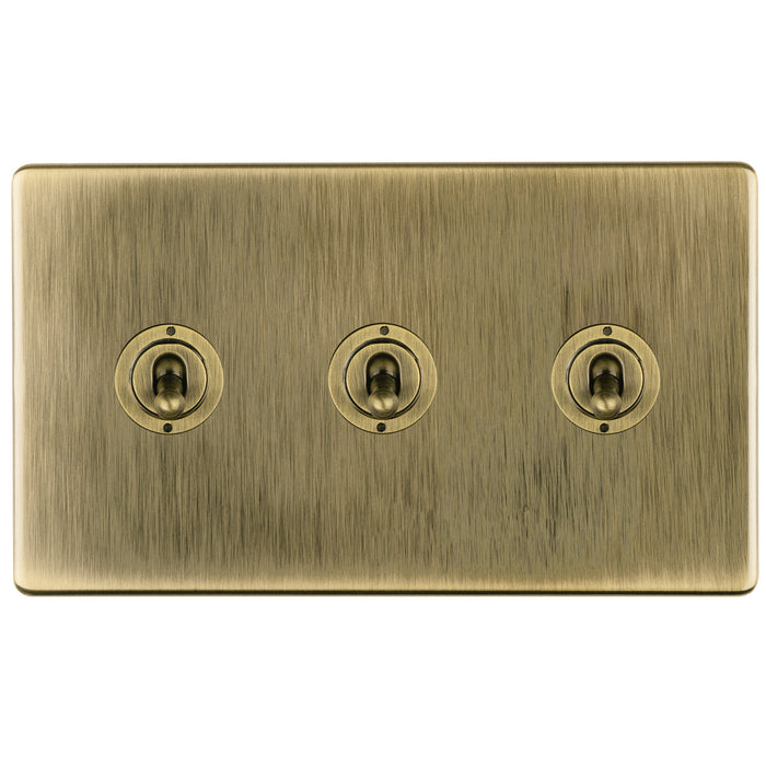 Antique Brass Screwless Triple Toggle Light Switch Flat Concealed Plate CABT43