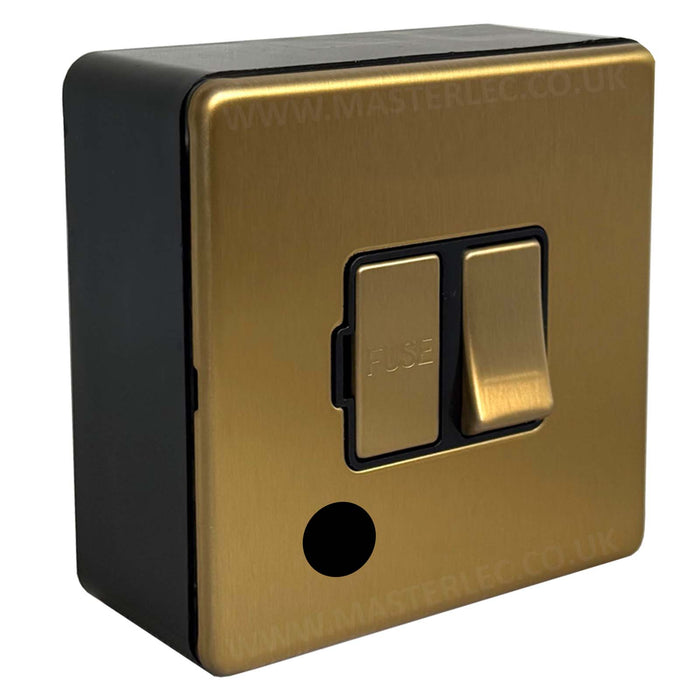 Antique Gold / Satin Brass Screwless Switched Fused Spur with Cable Outlet & 32mm Black Surface Pattress Back Box
