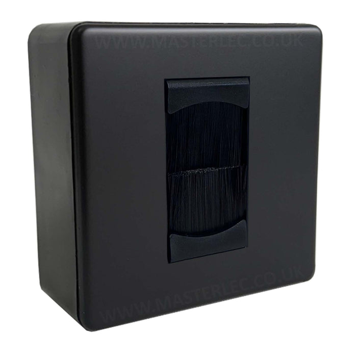 Matt Black Screwless Flatplate Square Single 1 Gang Brush Cable Entry Wall Face Plate with 32mm Black Surface Pattress Back Box