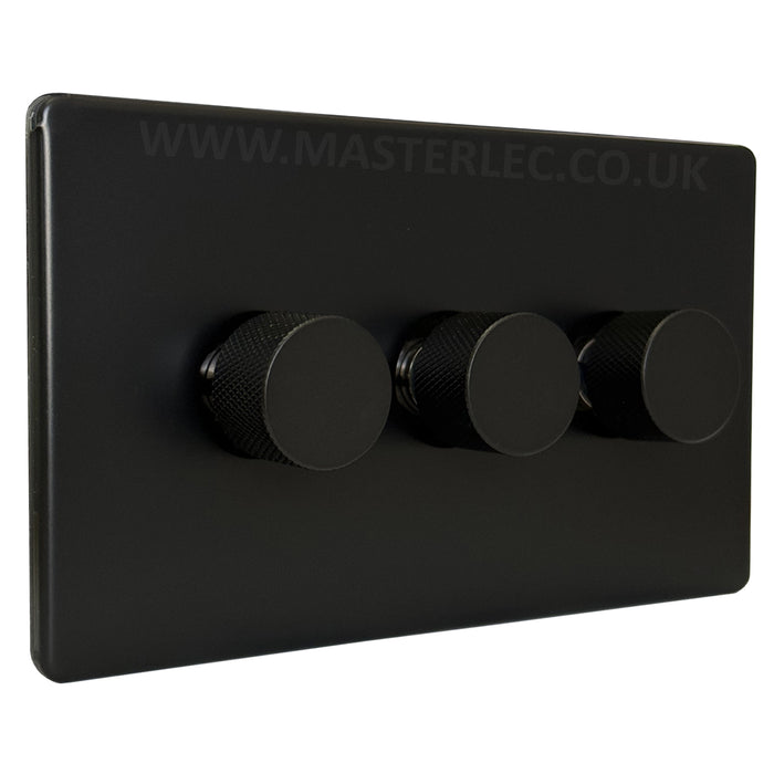Matt Black Screwless Triple 3 Gang Dimmer Switch with Matt Black Knurled Dimmer Knob