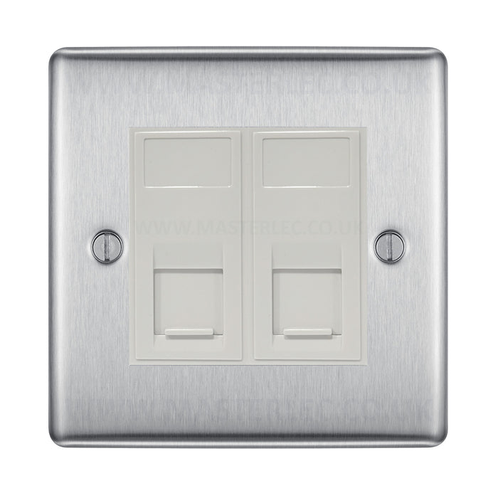 BG Brushed Steel NBSRJ4526AW 2 Gang RJ45 CAT6A Data Ethernet Outlet Socket White Insert