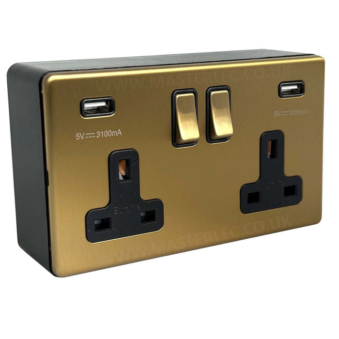 Antique Gold / Satin Brass Screwless USB Double Socket (Type A) & 32mm Black Surface Pattress Back Box