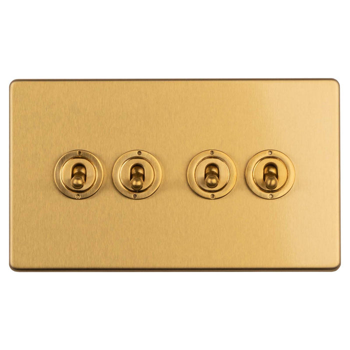 Antique Gold Screwless Quad Toggle Light Switch Flat Concealed Plate Satin Brass CAGT44