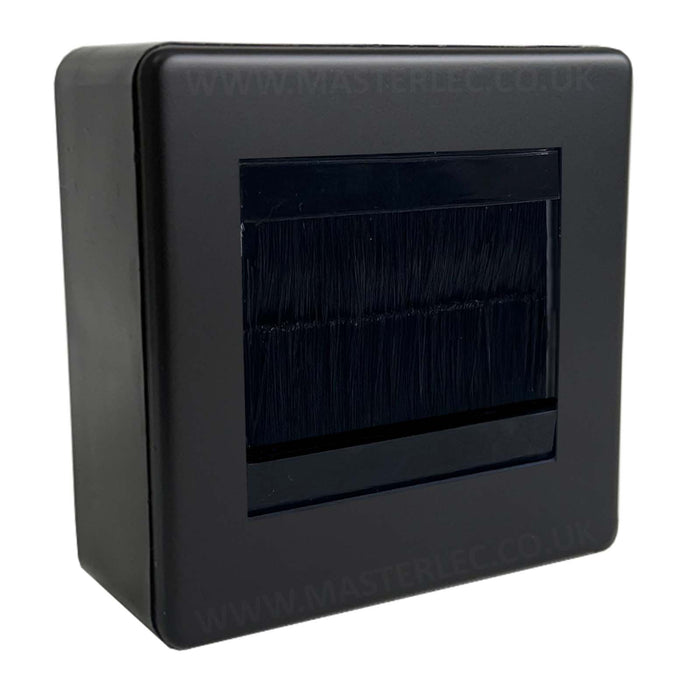 Matt Black Screwless Flatplate Single Square 2 Gang Brush Cable Entry Wall Face Plate with 32mm Black Surface Pattress Back Box