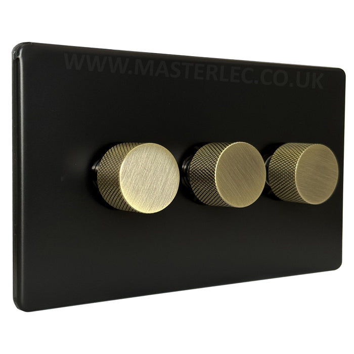 Matt Black Screwless Triple 3 Gang Dimmer Switch with Antique Brass Knurled Dimmer Knob