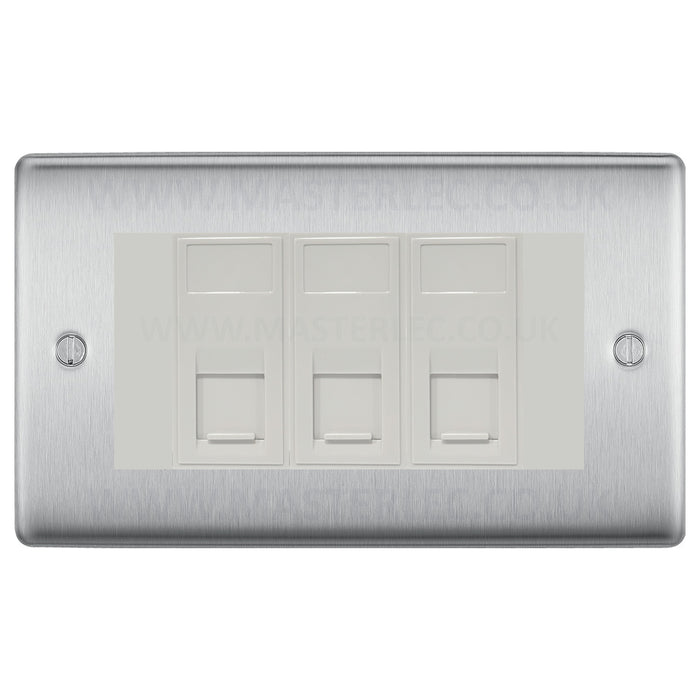 BG Brushed Steel NBSRJ4536AW 3 Gang RJ45 CAT6A Data Ethernet Outlet Socket White Insert
