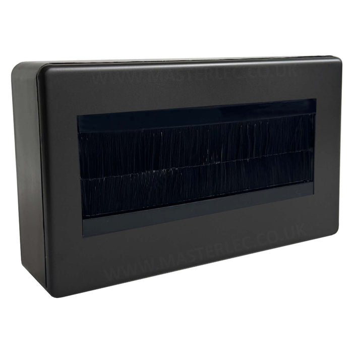 Matt Black Screwless Flatplate Double 4 Gang Brush Cable Entry Wall Face Plate with 32mm Black Surface Pattress Back Box