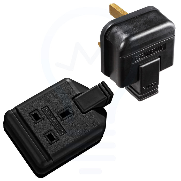 Permaplug 13A Heavy Duty Rubber 1 Gang Plug Top & Trailing Socket Set Black