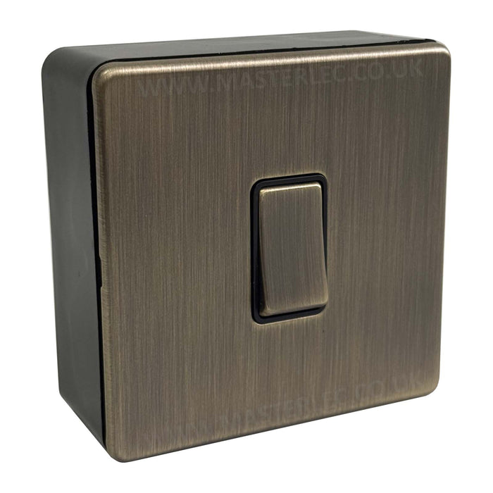 Antique Brass Screwless 1 Gang Single Light Switch & 32mm Black Surface Pattress Back Box